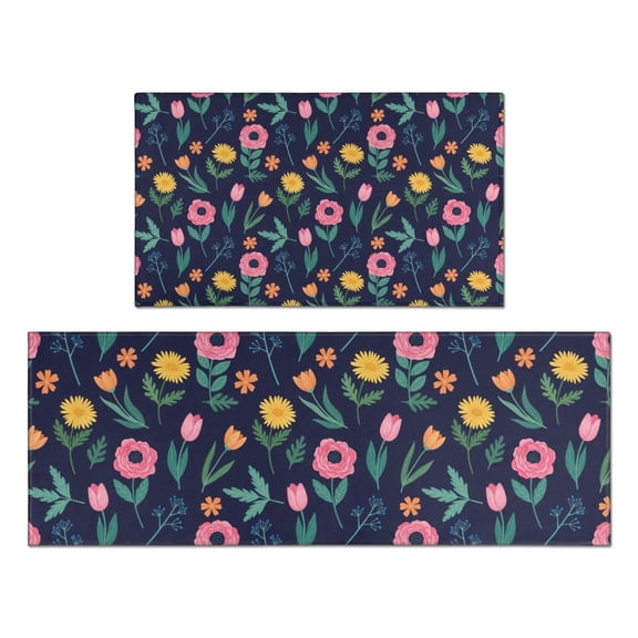 Pioneer Flower Floral Print Pattern Kitchen Rugs Sets Of 2, Anti Fatigue Non Slip Washable Floor Mats for Kitchen Sink Laundry, 17X30 Inch 17X47 Inch