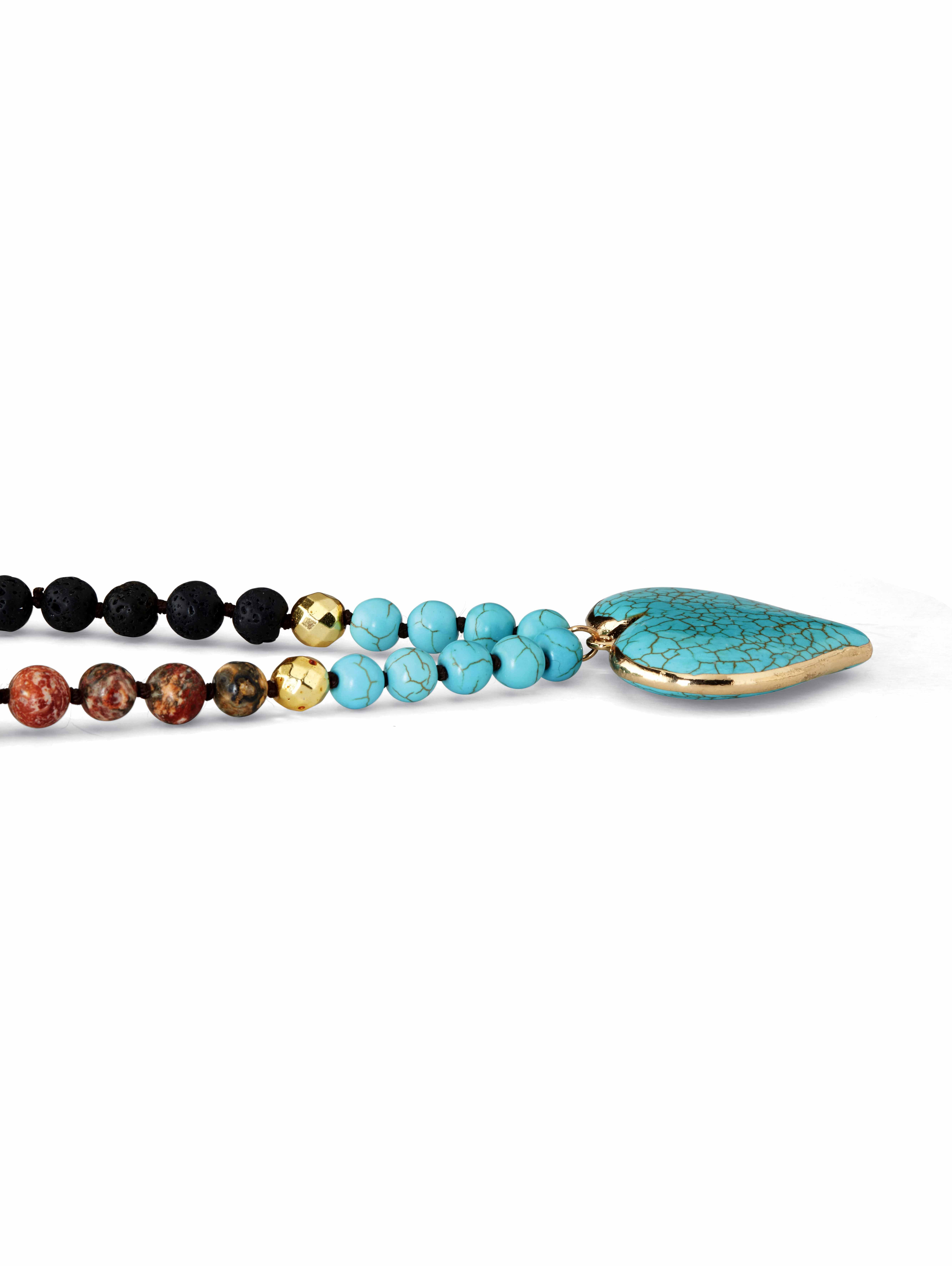 PalmBeach Jewelry Genuine Turquoise Jasper and Lava Stone Beaded Heart Pendant Necklace 34 Inch