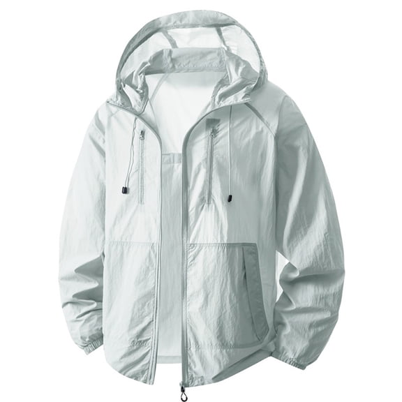 Maqroz Mens Full Zip UPF 50 Sun Protection Hoodie Jackets with Pockets Long Sleeve Sun Shirts Adjustable Cooling Lightweight Athletic Track Jacket Travel Hiking Fishing Outdoor Silver L