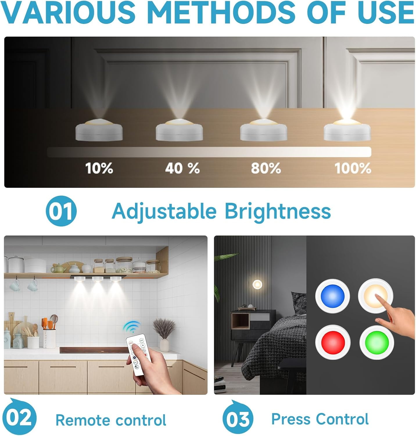 JJEAN-LED Puck Lights with Remote Control, Wireless Under Cabinet Lighting,Color Changing Lights with Dimmer and Timer, AAA Battery Operated Powered Push Night Lights (6 Pack White)