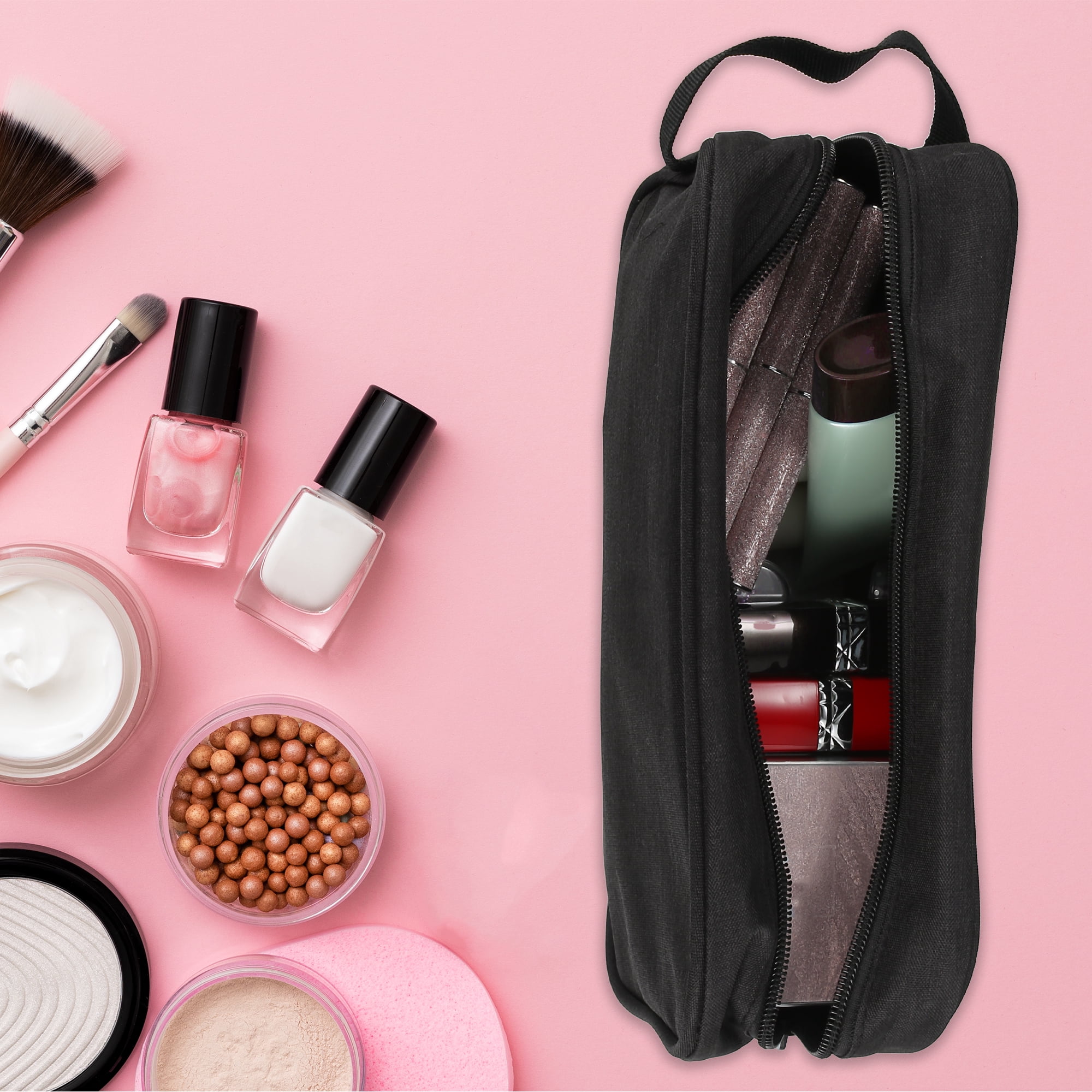 Unique Bargains 1Pc Portable Makeup Bag Toiletry Bag Cosmetic Organizer Oxford Cloth Black