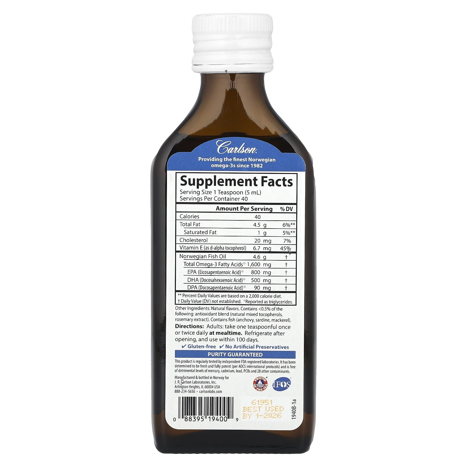 Carlson - The Very Finest Fish Oil, 1600 mg Omega-3s, Norwegian, Wild Caught, Sustainably Sourced, Just Peachie, 200 mL (6.7 Fl Oz)