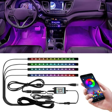 

48 LED Car Interior Stripe Light Music Sync App Controlled Under Dash Lighting Kit with Sound Active Function DC 5V 4 Pcs
