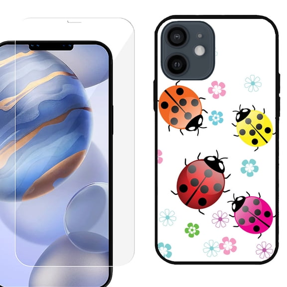 Slim-Fit Protective Phone Case (Black) compatible with iPhone 12 / iPhone 12 Pro, with Tempered Glass Screen Protector, by OneToughShield ® - Ladybug