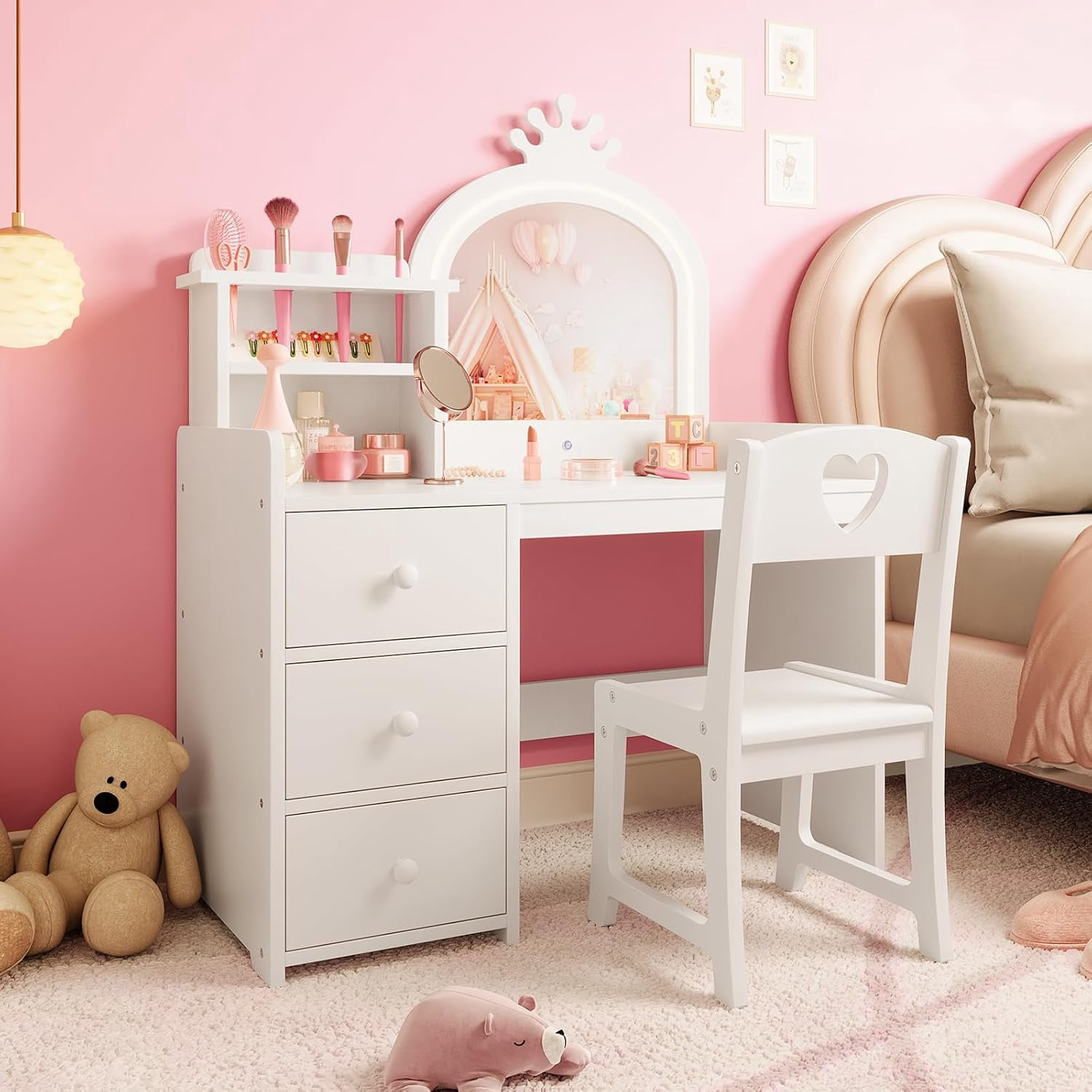 Coiffeuse Enfant Bois Avec Tabouret Et Miroir Design Lapin - Costway Neuf à Monter