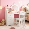thumbnail image 7 of Litake Kids Vanity Desk with Mirror and Lights, Pink Princess Wooden Makeup Vanity with Chair, Storage Shelves and Drawers, 2-in-1 Girls Dressing Table, 7 of 7