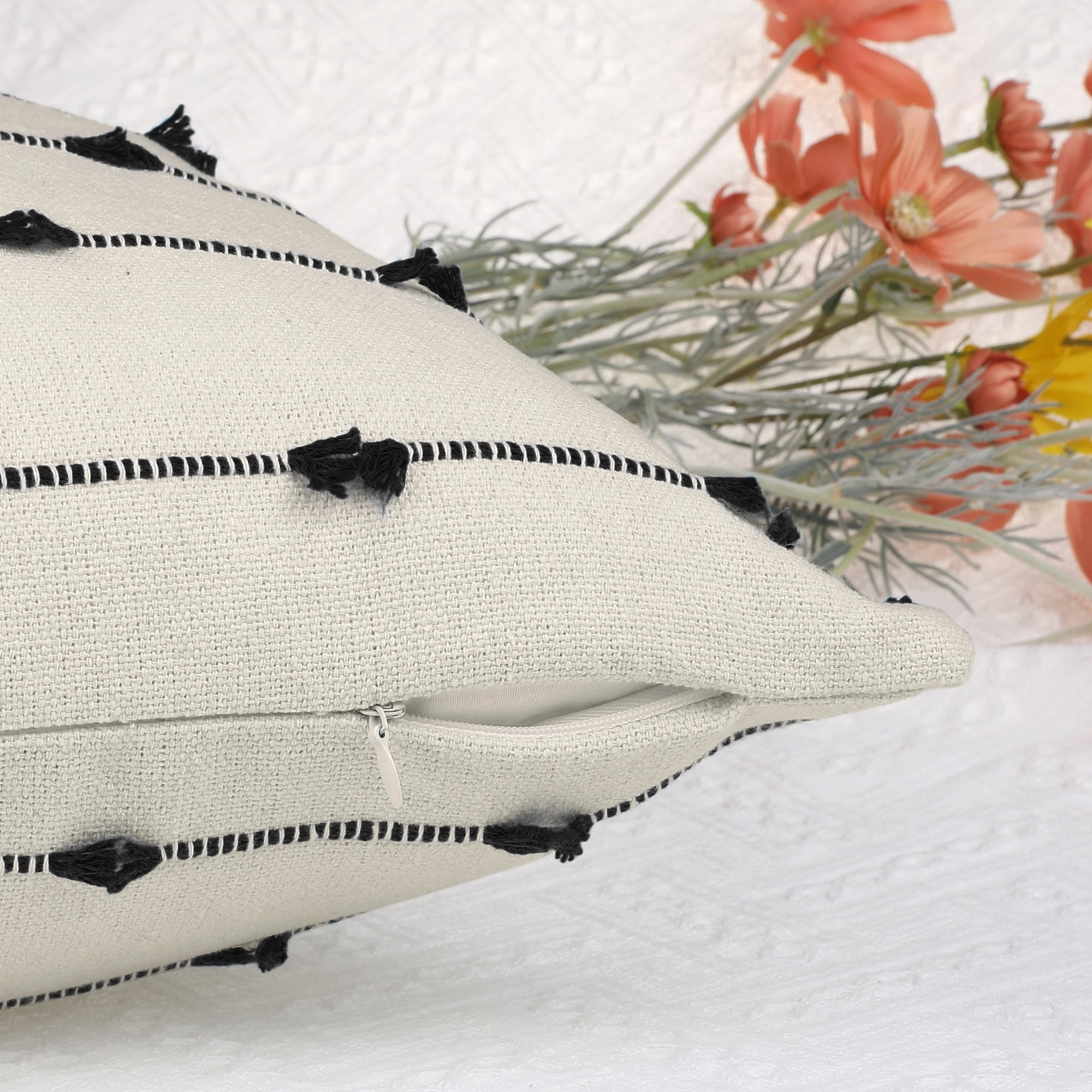 Unique Bargains 2 Pack Striped Boho Decorative Cushion Pillow Covers Modern Square Neutral Black 18" x 18"