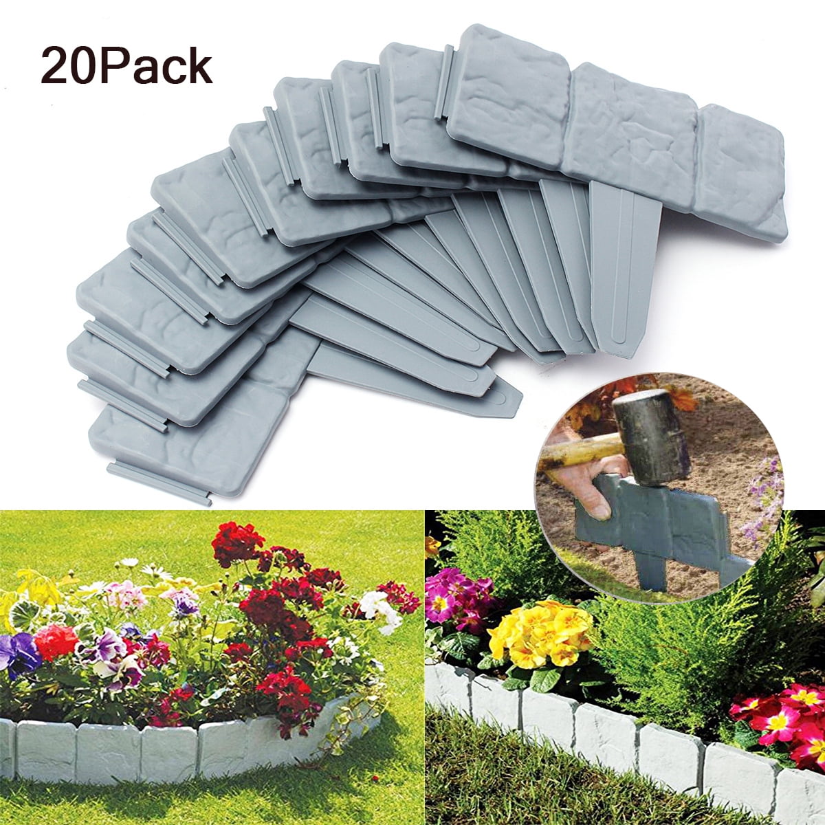 20Pack Home Garden Border Edging Plastic Fence Lawn Yard Cobbled Stone Effect US 