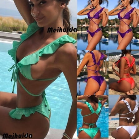 FLORAVOGUE Hand Crochet Neoprene Bikini Set - Fresh Yellow Top + Mint Bottom, Large US (6-8)