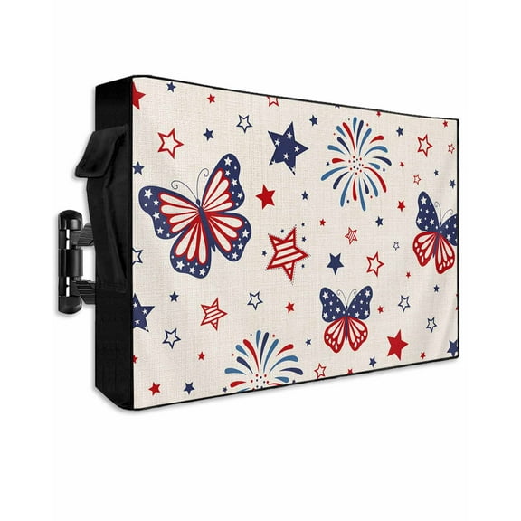 Rustic 4th of July Outdoor TV Cover 52 to 55 Inch Weatherproof, Independence Day Flag Butterfly Firework 600D Oxford TV Covers with Waterproof Zipper, Outside Flat TV Screen Protector 52"Wx19"Hx4.5"D