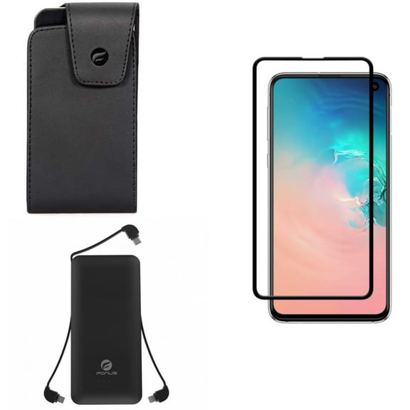 Galaxy S10e Screen Protector w Case Belt Clip w 10000mAh Power Bank - Tempered Glass 5D Curved Edge, Leather Swivel Holster, Charger Backup Battery Portable for Samsung Galaxy S10e Phone