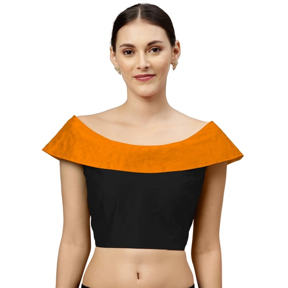 eloria Women's Art Silk Blouse Partywear fillers Boat Neck Sleevless Sari Top With Zipper, Color : Black & Orange