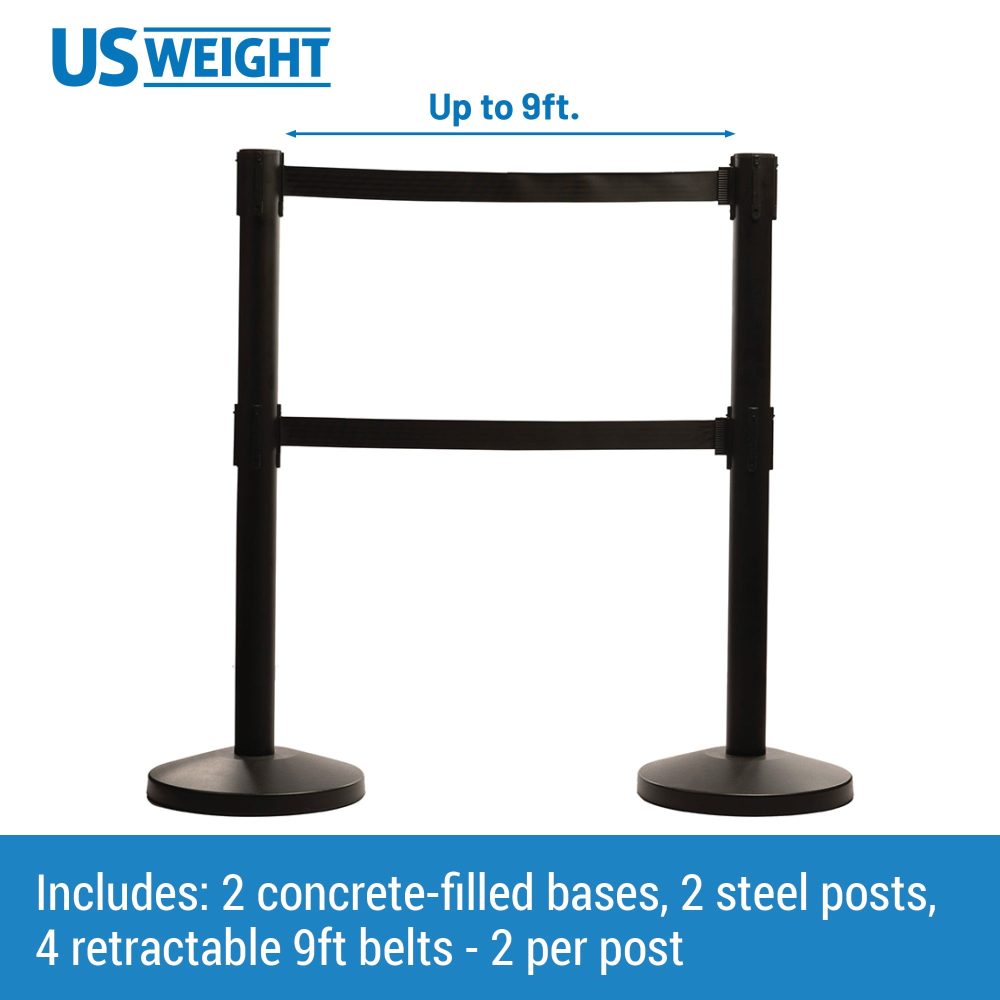 Dual Retractable Belt Barrier Stanchion, 9' Black Belts - 2 Pack