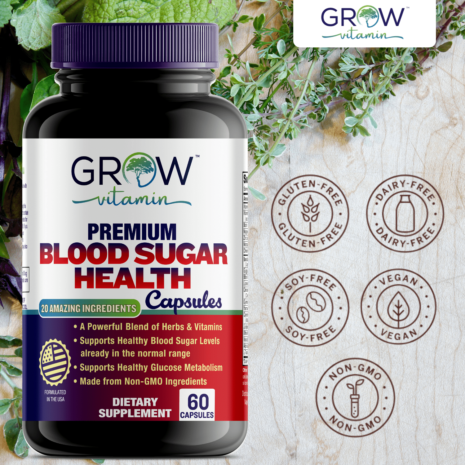 Grow Vitamin Blood Sugar Complex with Cinnamon Bark Capsules, Supports Heart Health, Energy & Immune System, 60 Count
