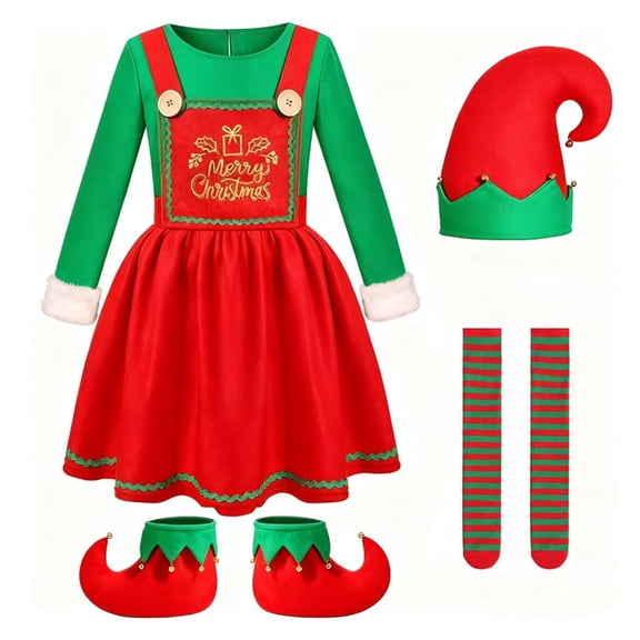 oqasdz Girls Outfits Child Christmas Elf Set Dress Up Color Matching Red and Green Jumpsuits Long Sleeve Cute Stage Performance Christmas Outfits