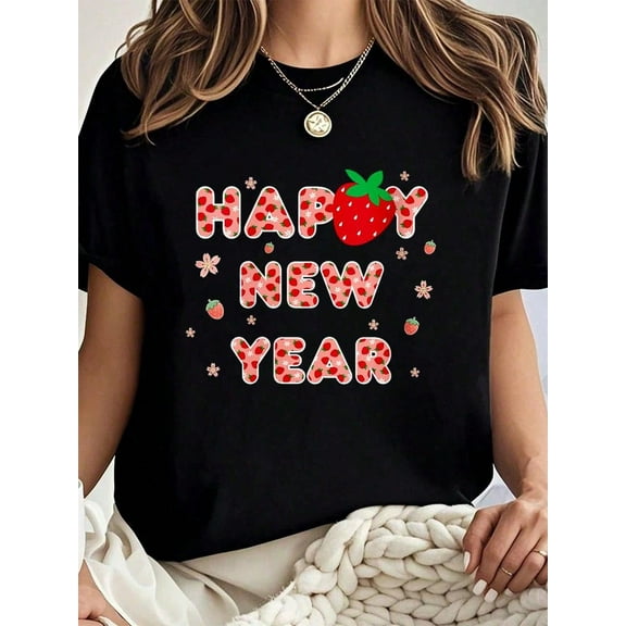 100% Cotton Womens Happy New Year Strawberry Matching Happy New Year 2026 T-Shirt Summer Tees Women