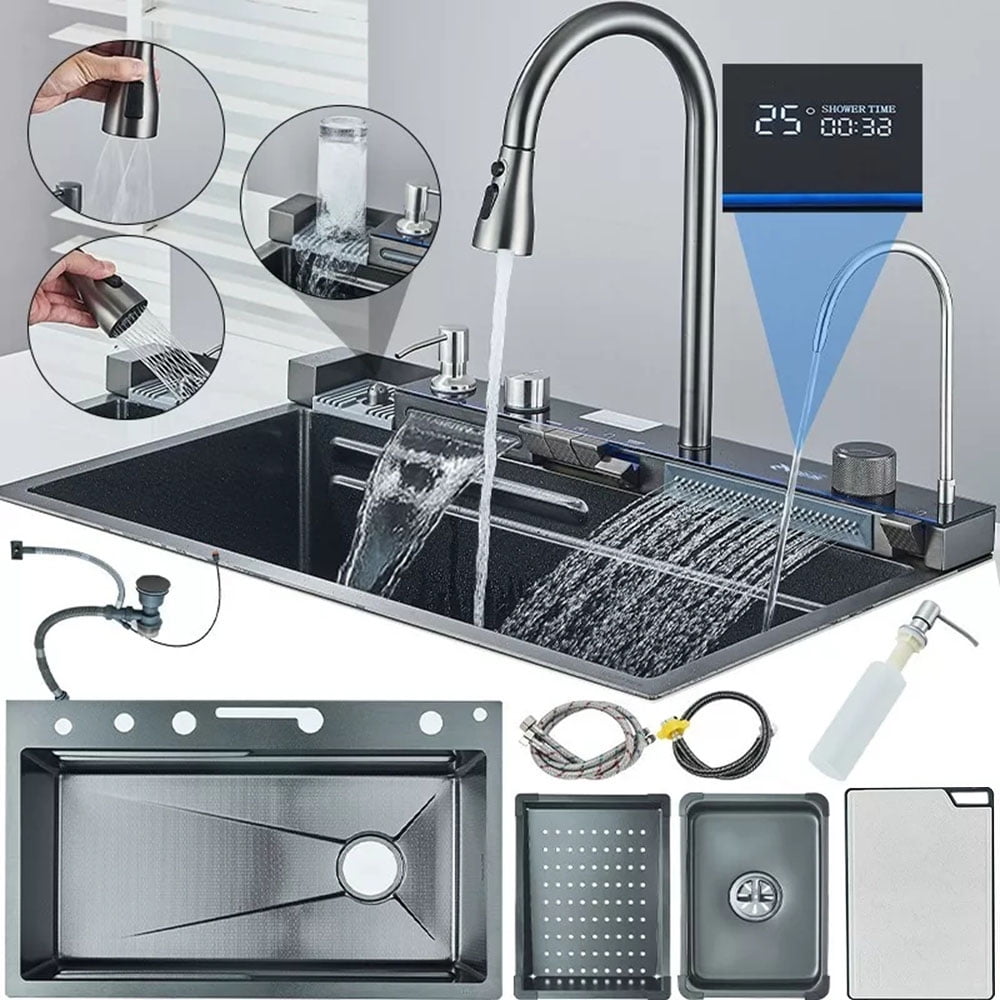 Gun Ash Stainless Steel 30" Drop In Kitchen Sink Top Mount Single Bowl w/Kitchen Facuet