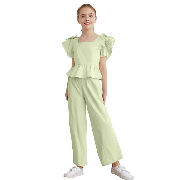 TSSOE Kids Girls 2 Piece Summer Casual Outfit Self-Tie Bowknot Peplum Tops Shirts with Wide Leg Pants Set Khaki 13-14