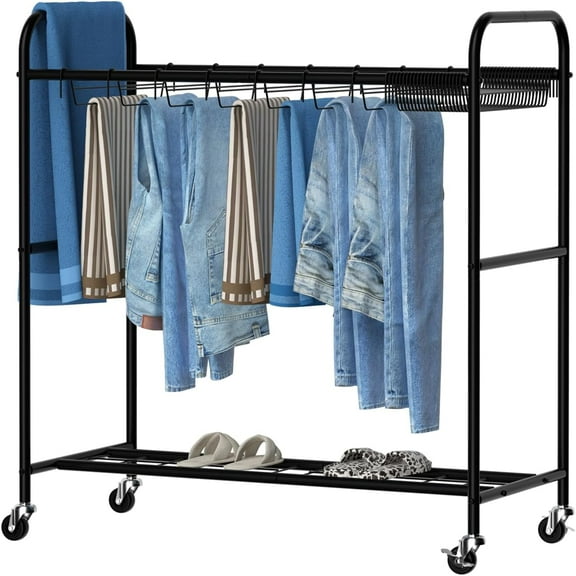 Pants Trolley Rolling Pants Hangers Black Pants Rack Stand with 30 Pants Hangers Space Saving Pants Storage Rack with Wheels for Jeans, Scarves, Trousers