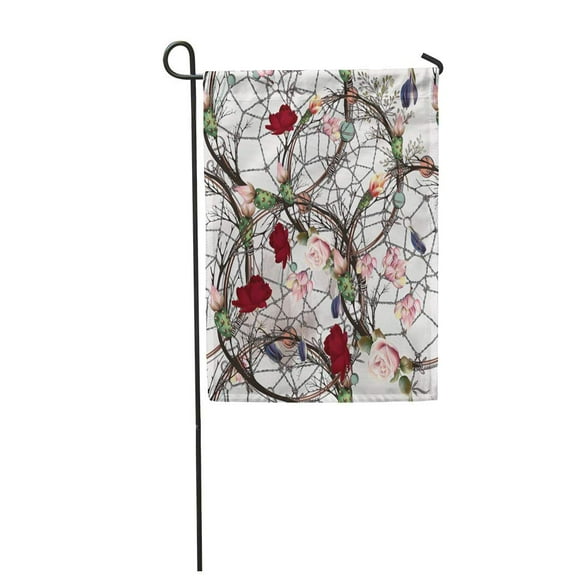 JSDART Pink Tropical Bo Ho Pattern with Catch Dreamer Roses and Cactus Flowers Green in Garden Flag Decorative Flag House Banner 12x18 inch