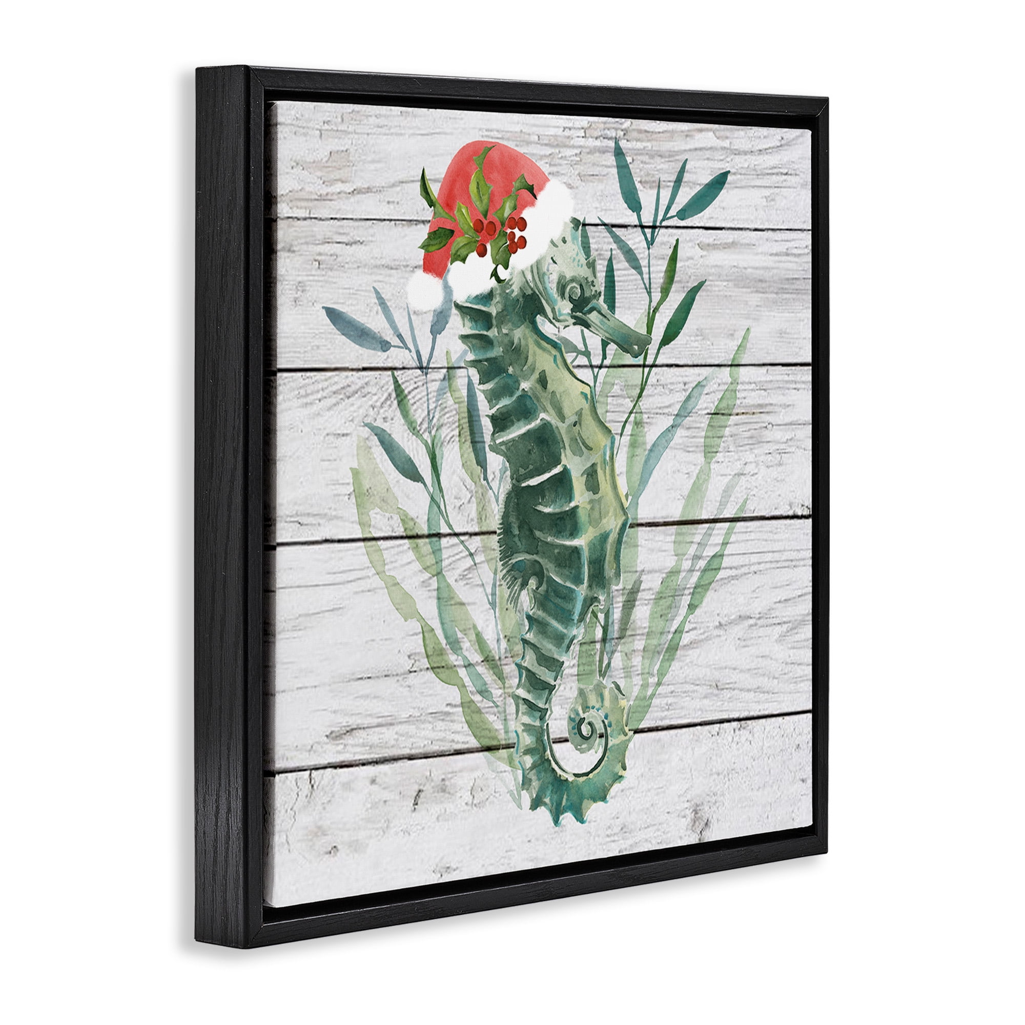 Stupell Industries Christmas Seahorse with Santa Hat Nature Painting Black Floater Framed Canvas Art Print Wall Art, 18 x 18