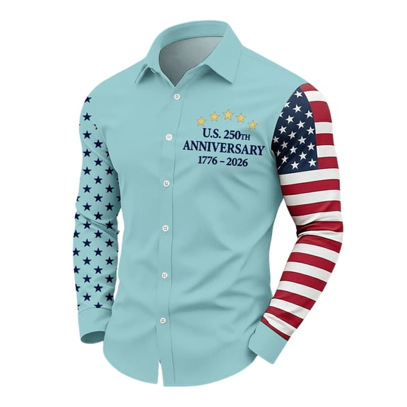MLQIDK Men's 250th Anniversary Long Sleeve Shirt USA Flag Patriotic Cotton Casual Dress Shirt for Men 1776 to 2026 Commemorative Tee Light Blue M