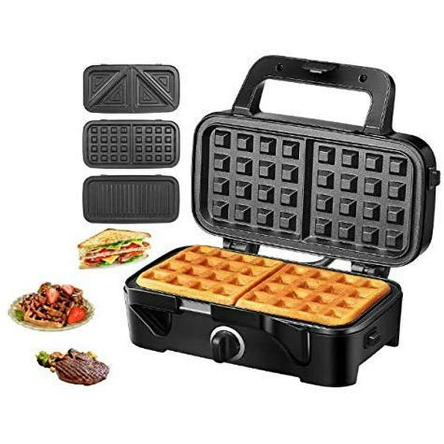 HOUSNAT Sandwichera, waflera 3 en 1 con platos extraíbles, prensa Panini de 1200 W con placas antiadherentes intercambiables, luces indicadoras, control de temperatura de 5 engranajes (negro)