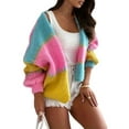 thumbnail image 2 of Women Oversized Cardigan Sweaters Open Front Color Block Lantern Long Sleeve Striped Knit Outwear Coats Pink S, 2 of 8