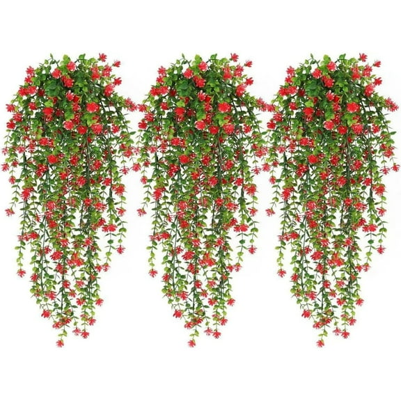 Artificial Hanging 3-Pack, Eucalyptus Vine Greenery with Flowers for Indoor Outdoor Decor, UV Resistant Hanging for Wall, Garden, Balcony, Wedding & Home Party Decoration