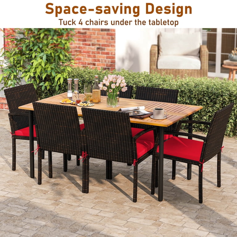 costway 7pcs patio rattan dining set table top w/umbrella hole 7Pcs Patio Rattan Cushioned Dining Set with Umbrella Hole-Red