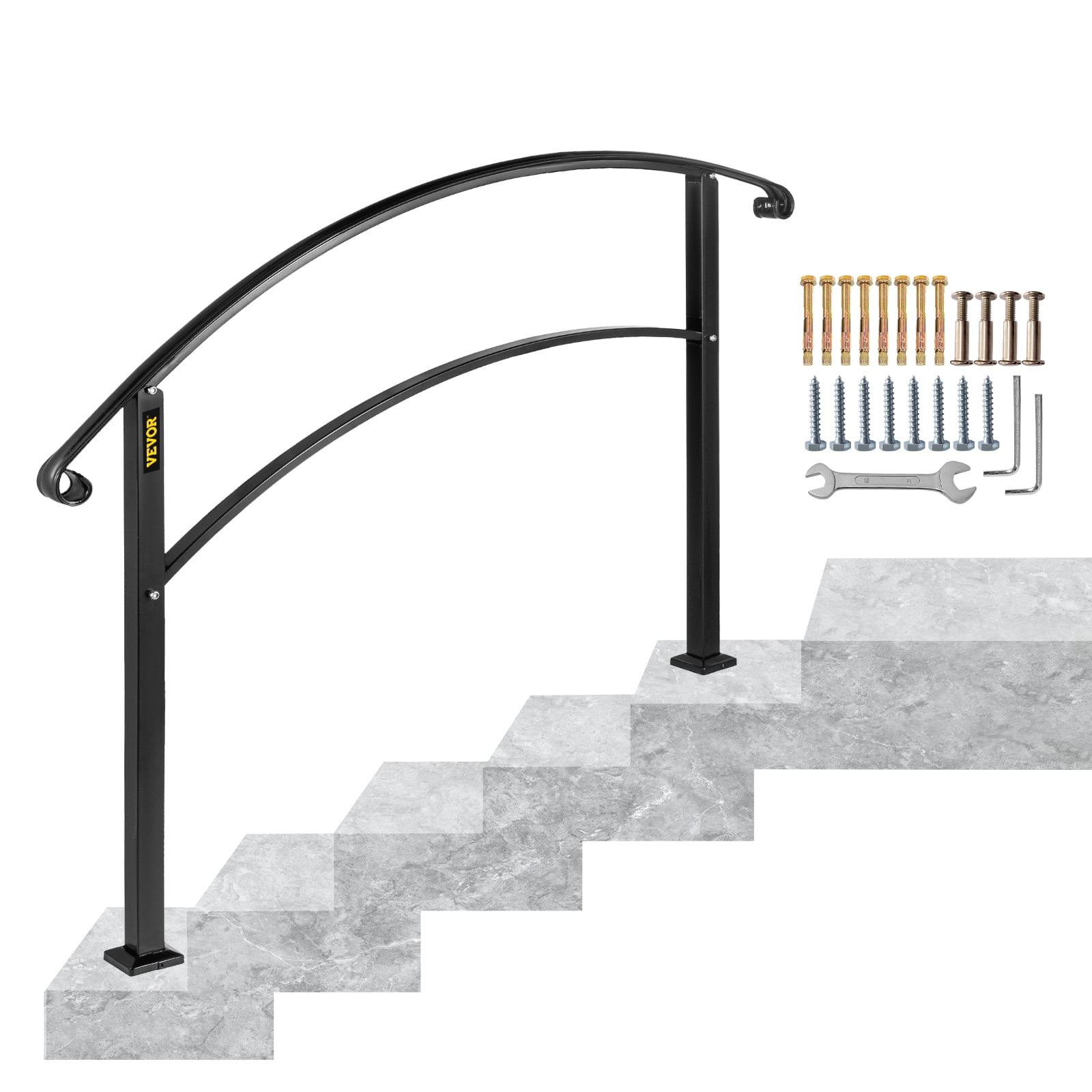 Happybuy Stair Handrail Five Step Stair Rail 5ft Length Modern Handrails for Stairs Black Wrought Iron Indoor Handrail for Stairs 200lbs Capacity Wall Mounted Stairway Railing with Brackets