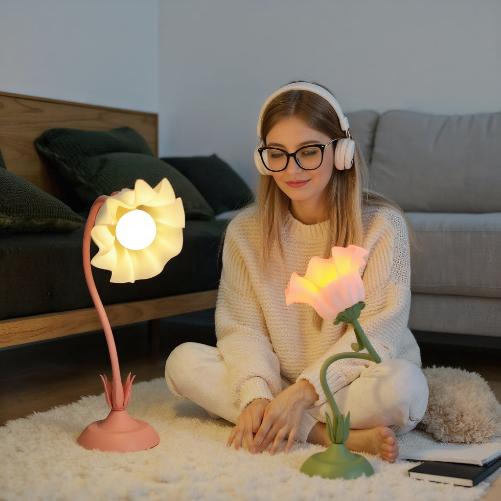 Keyinest Flower Table Lamp with RGB Rechargeable Bulb, Flexible Dimmable Color Changing Lamp with Remote Control for Bedroom, Living Room and Home Decor