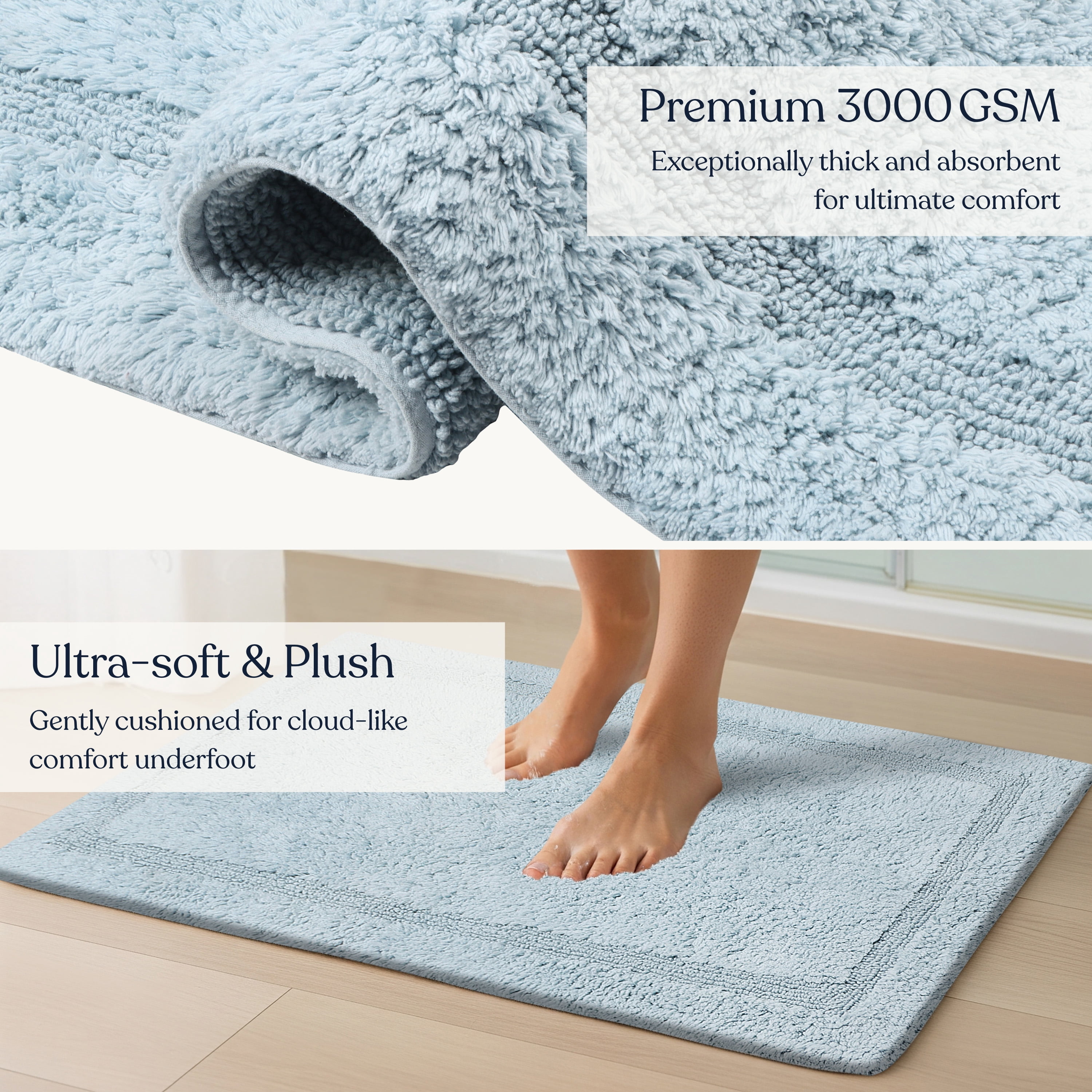 Delara Organic Cotton Reversible Bath Mat – 3000 GSM, GOTS Certified, Ultra-Thick & Super Absorbent | Soft, Plush & Quick-Drying Bathroom Rug