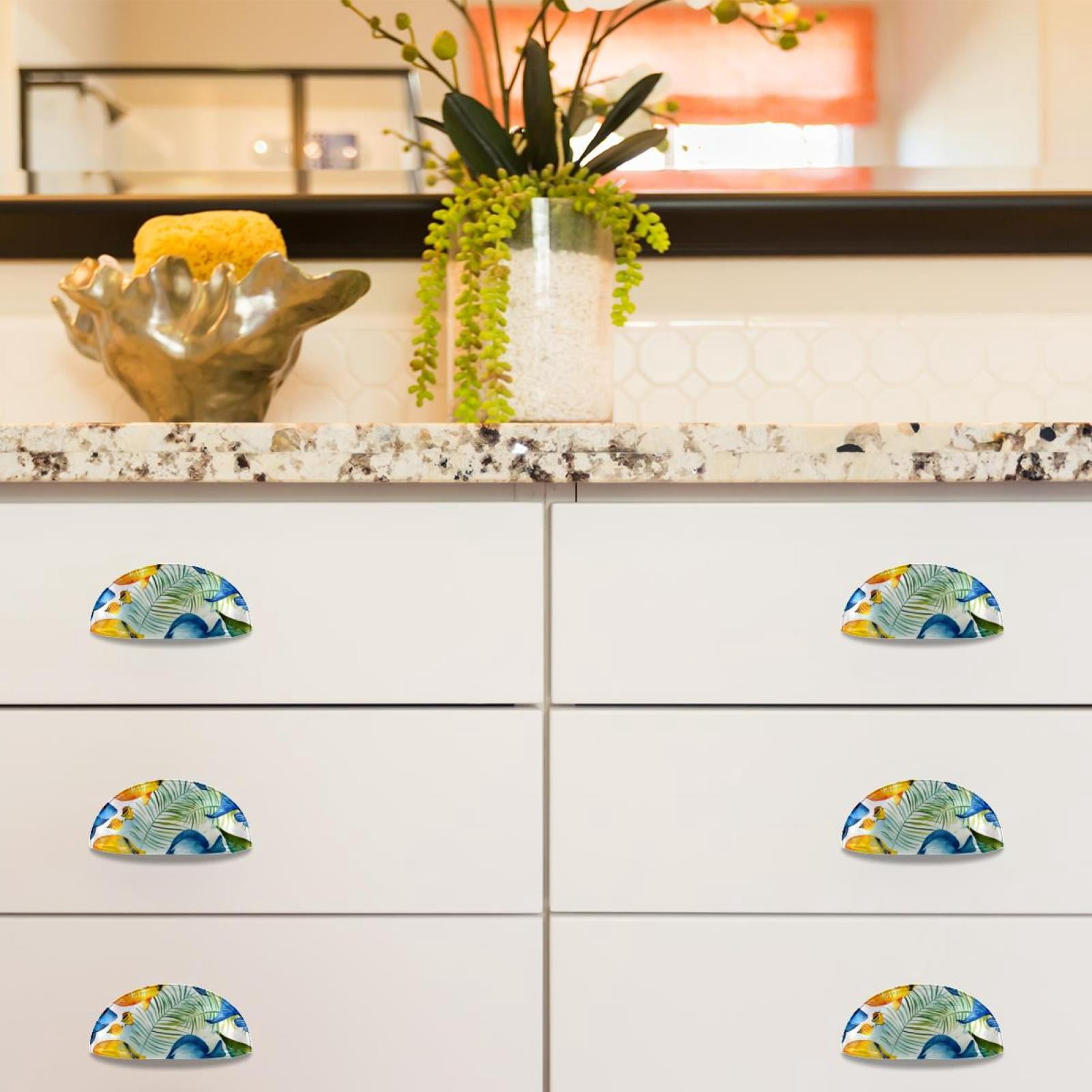 PhooArto 6 Pcs Cup Drawer Pulls, Watercolor Tropical Fish Pattern Shell Shape Handles Cabinet Knobs for Dresser Cupboard Closet Wardrobe with Screws