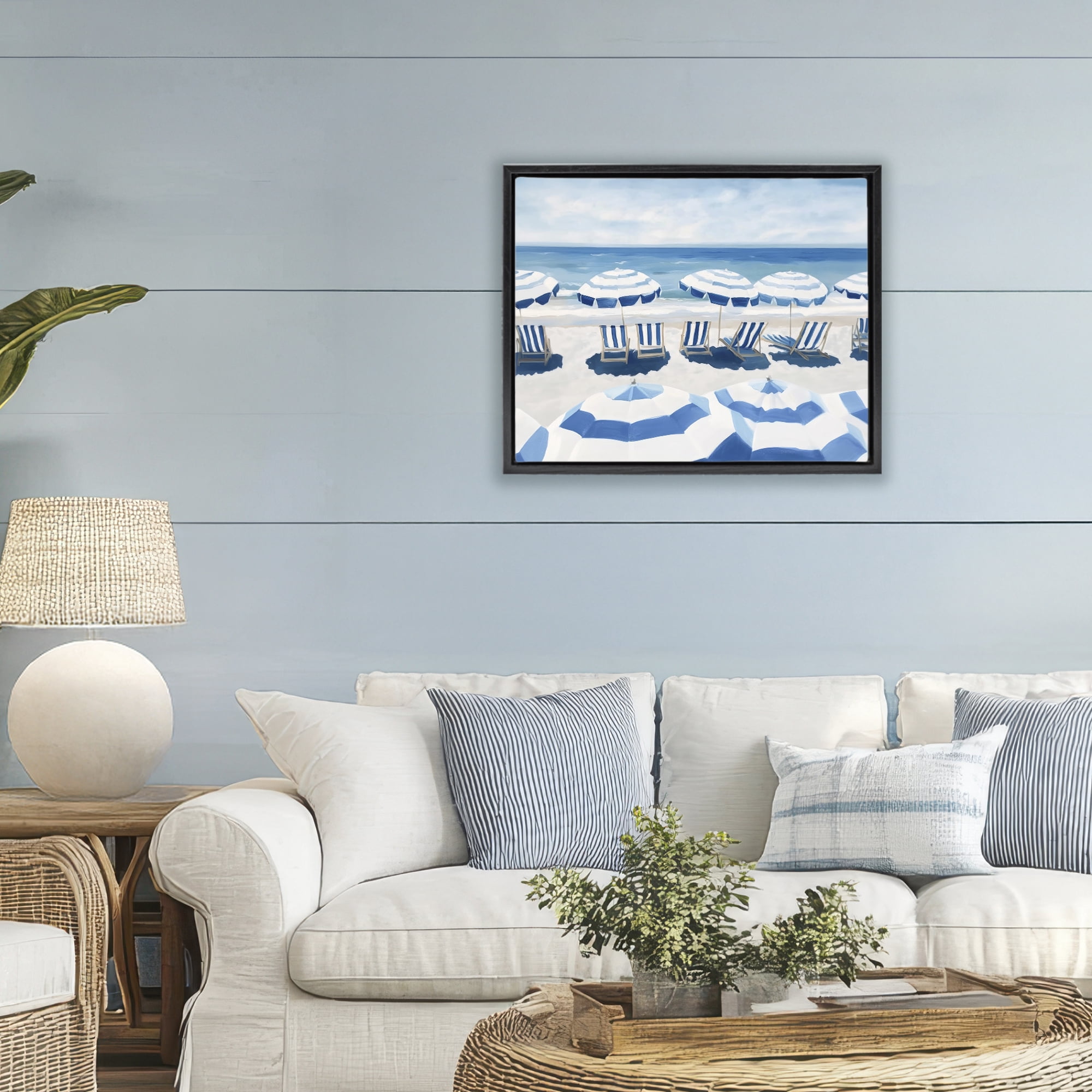 Stupell Industries Beach Nice Blue Striped Umbrellas Black Framed Floater Canvas Wall Art, design by Sisi and Seb