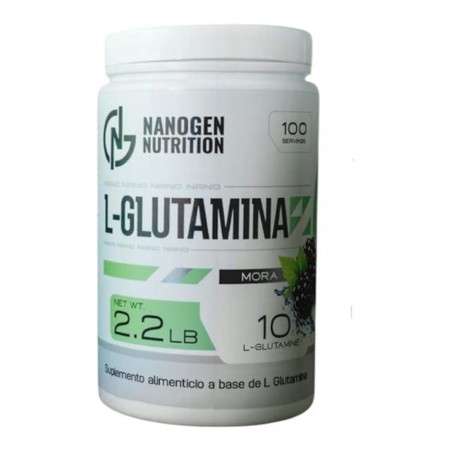 l-glutamina nanogen nutrition 2.2lb | 100 servicios | sabor mora frasco blanco frontal de L-Glutamina Nanogen Nutrition 2.2 lb (1 kg) con etiqueta blanca, texto negro y acentos verdes; marca Nanogen Nutrition arriba, rótulo "100 servicios" y "2.2 LB", gráfica de mora junto al texto "Mora"; envase centrado sobre fondo blanco. Uso frecuente: a menudo se mezcla en agua o jugo después del entrenamiento.