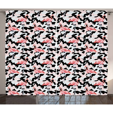 Camo Curtains 2 Panels Set Watercolor Pink Flamingo Print On