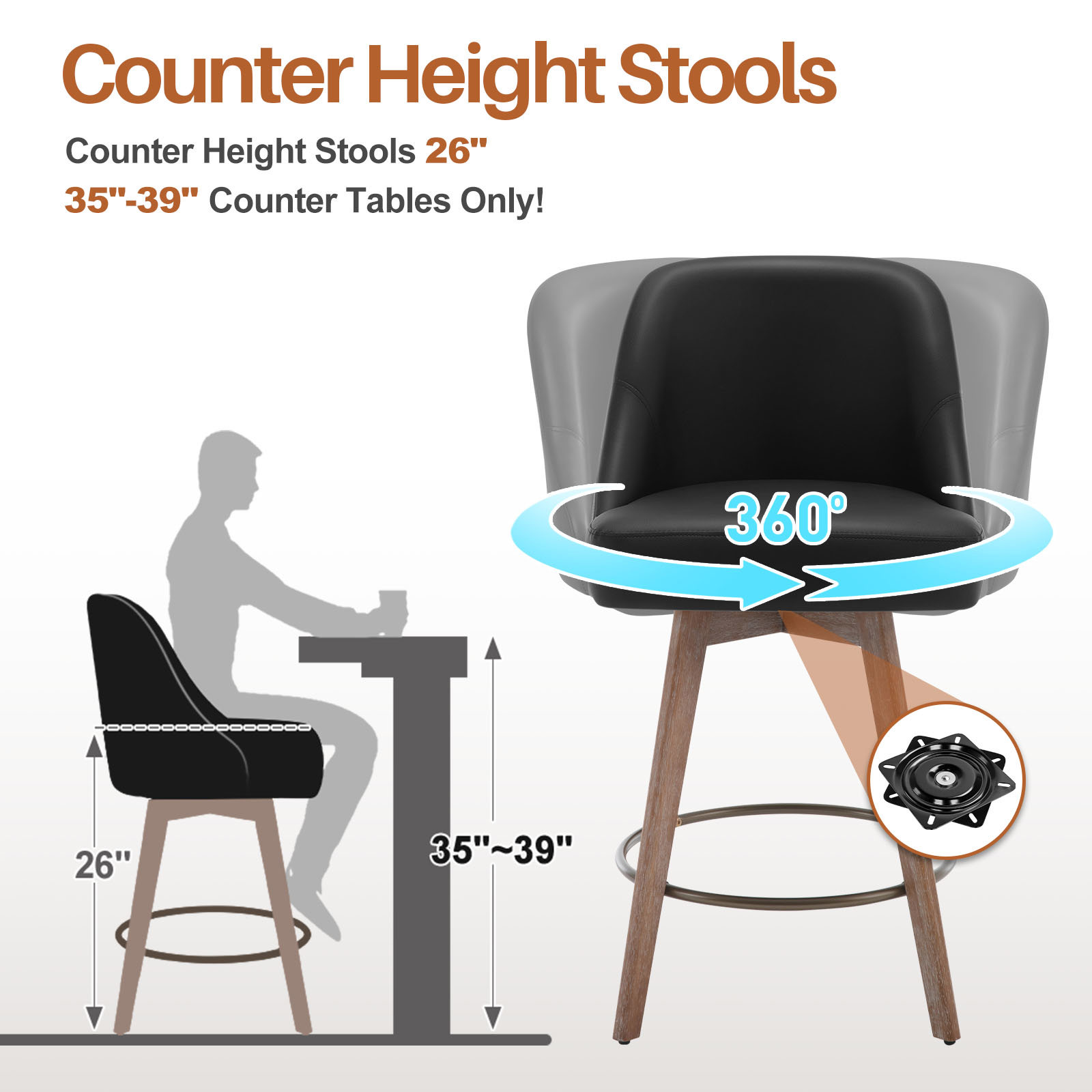 Foreate Swivel PU Bar Stools Set of 1, 26" Counter Height, Uholstered Leather with Mid-Back & Wood Legs, Modern Chair Island Stool for Kitchen Pub, Black