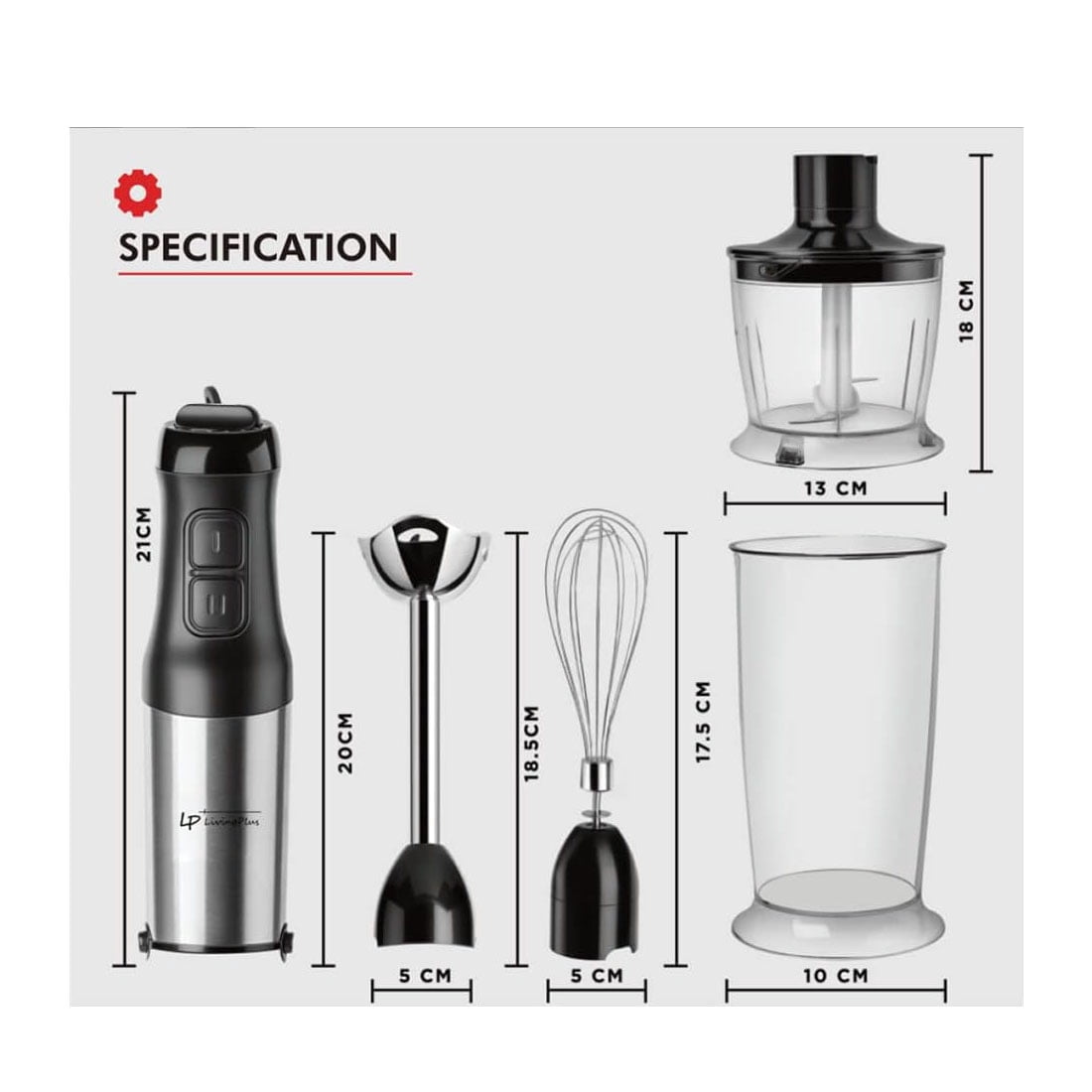 Lp Living Plus 4-in-1 Electric Hand Blender, Powerful 500W Stainless Steel Blender with Whisk, Chopper, Beaker, Easy to Clean, Advanced Noise Reduction