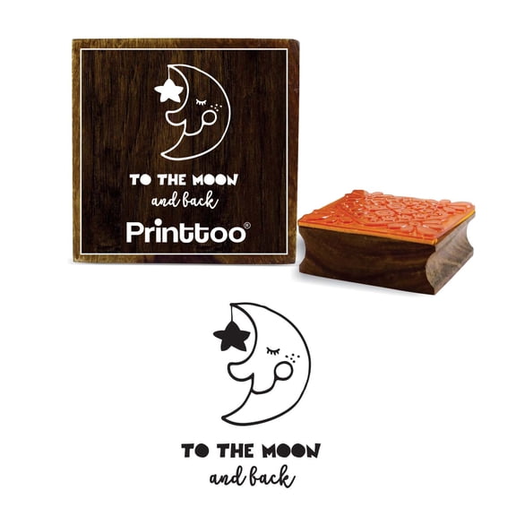 Printtoo To The Moon and Back Text & Sleeping Moon Design Square Wooden Rubber Stamp-4 x 4 Inches