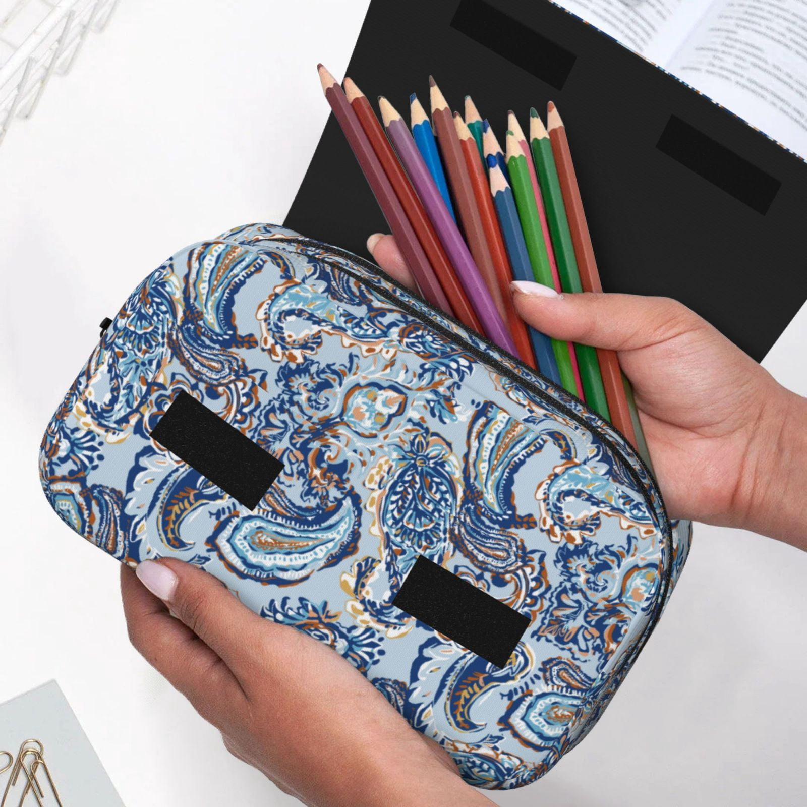 Rateoe Paisley Floral Branches Pattern Double Clamshell Pen Case, Storage Organizer with Two Zipper Compartments– Holds Up to 50 Pencils & Pens
