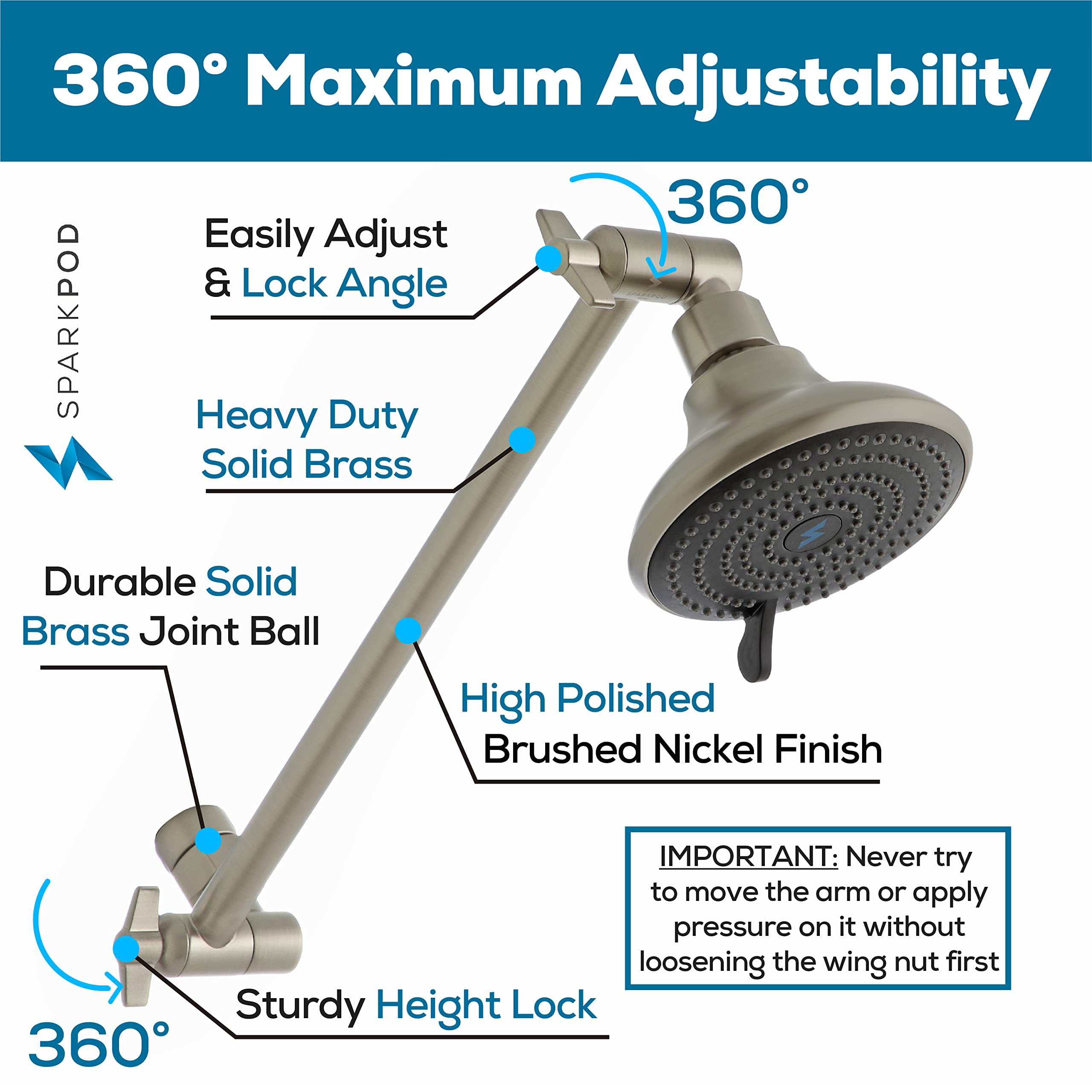 SparkPod Adjustable Shower Head Extension Arm - 11" Brass Rain Shower Arm with Universal Fit (Elegant Brushed Nickel)
