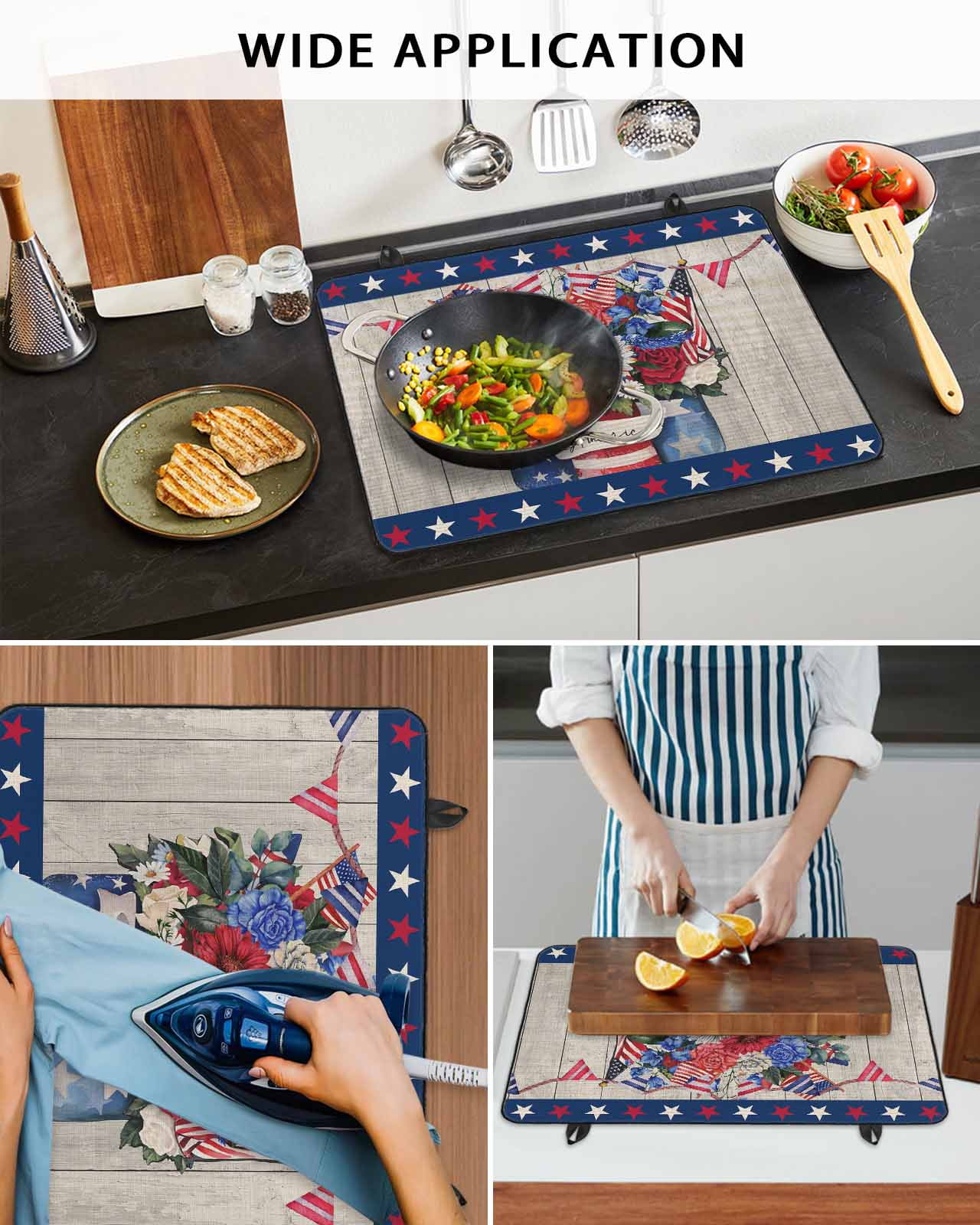 nqOlkjepod Large Induction Cooktop Protector Mat 36"x21", 4th of July Stove Top Covers for Electric Stove, Blue Red Floral Vintage Independence Day Stove Burner Cover Mats, Glass Top Stove Cover
