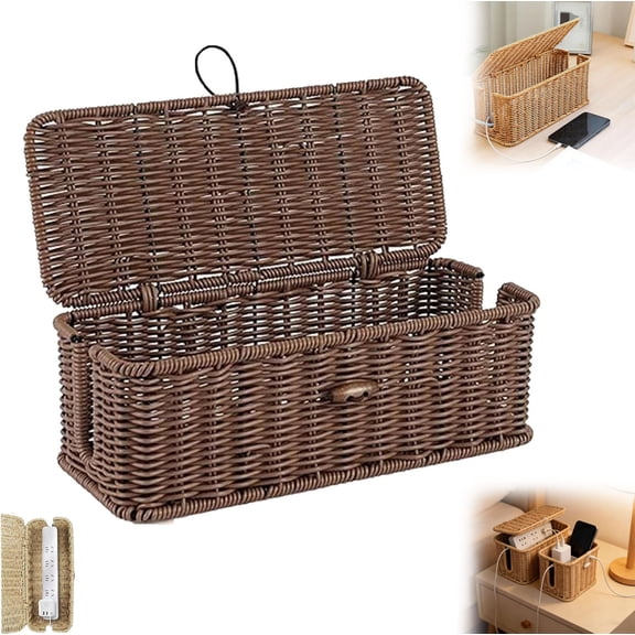 Handwoven Rattan Cable Management Box, Decorative Cord Organizer for Power Strips and Chargers, Ventilated Storage Box for Home and Office, Pet-Proof, Heat-Resistant (Brown, S)