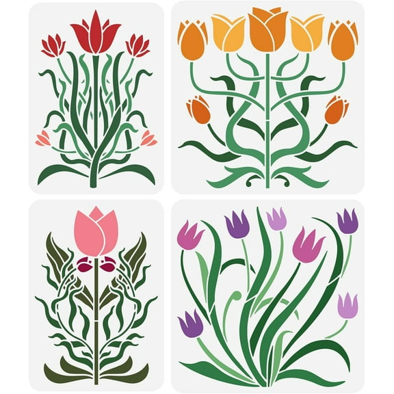 4pc Art Tulip Painting Stencil Set: 2 Sizes 4 Styles DIY Craft Flower Plants Stencil for Painting on Wood Wall Fabric Furniture