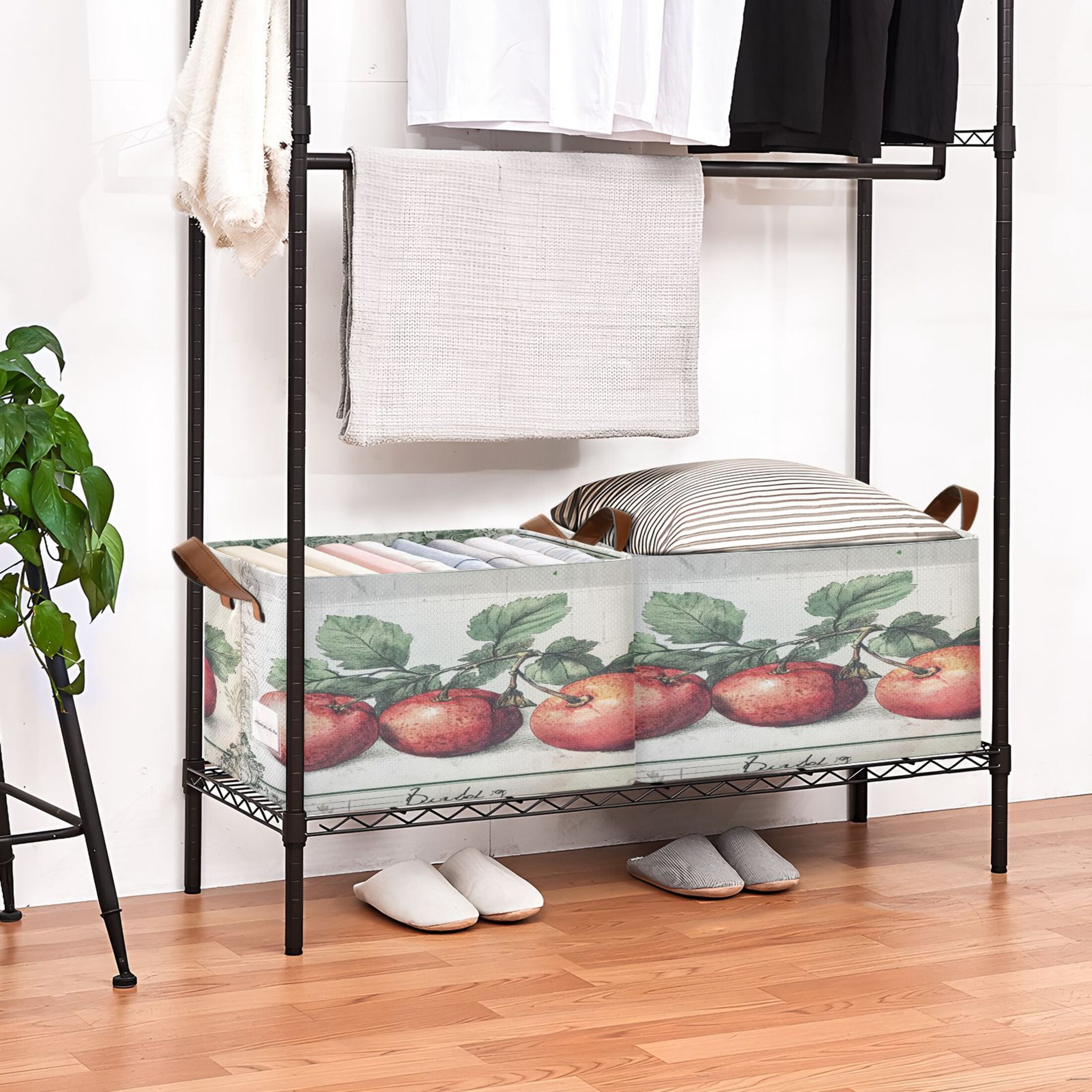 Red Fruit Picture Storage Basket Soccer Plaid Fabric Hoard Box Oversized Collapsible Closet Organizer with Metal Iron Frame 16.9×11.4×10in