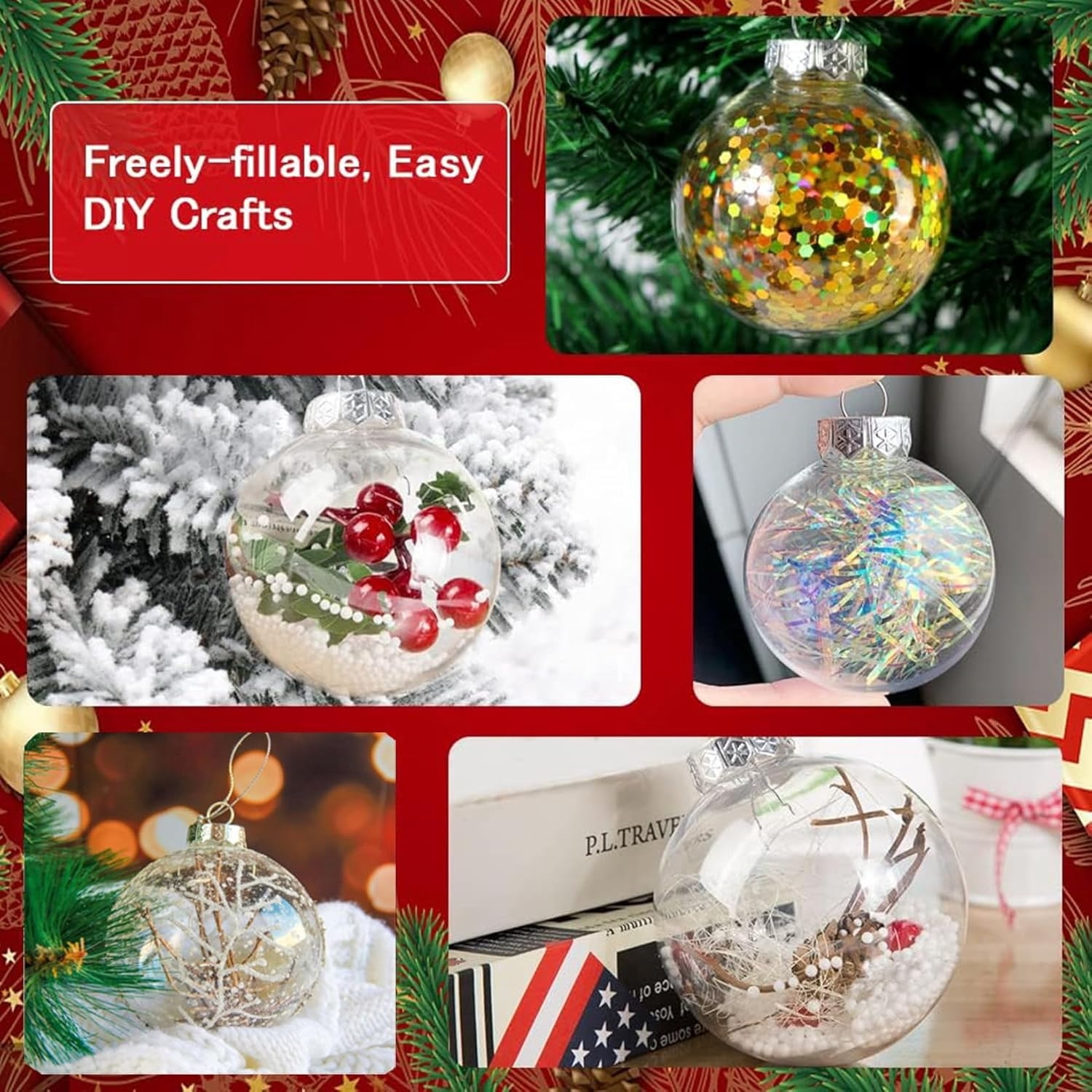 24 Pcs Fillable Christmas Tree Ornament Balls,Acrylic Decorations Balls for Hanging,2.36 in Plastic Transparent DIY Ornament Balls with Rope and Removable Metal Cap for New Years,Wedding Holiday