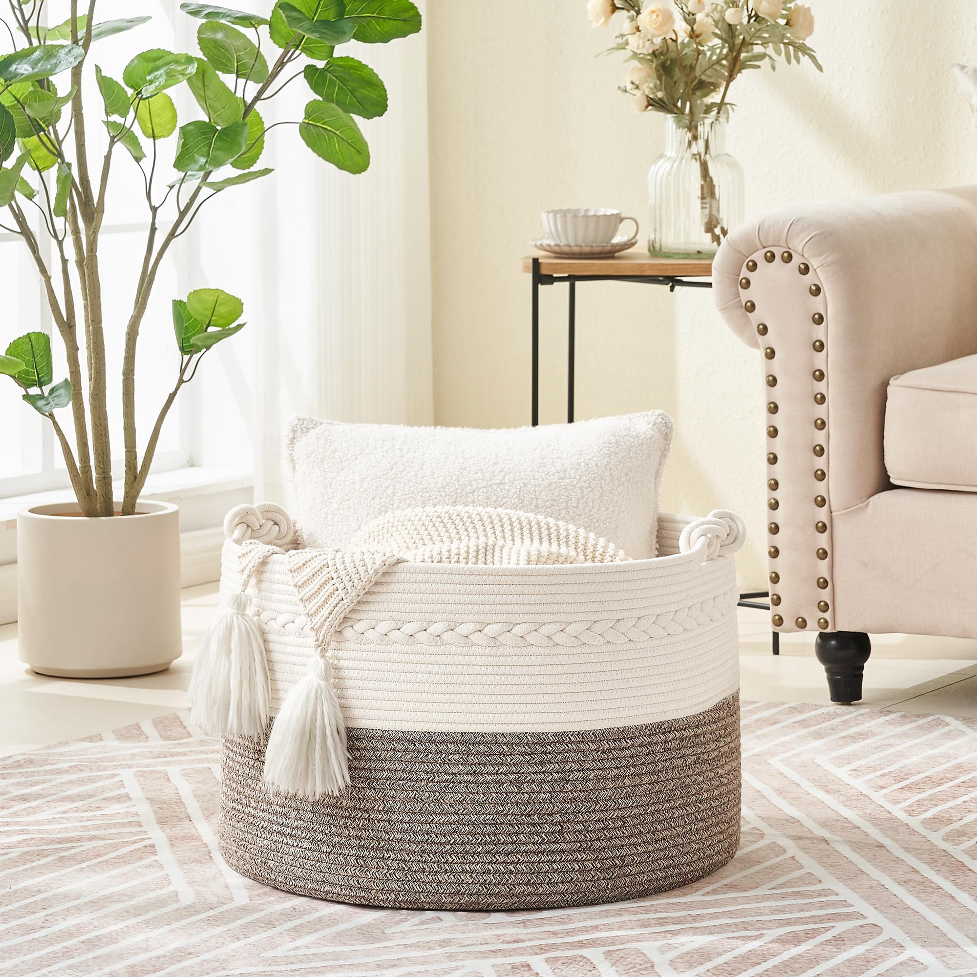 Large Blanket Basket (20"x13"),Woven Baskets for storage Baby Laundry Hamper, Cotton Rope Blanket Basket
