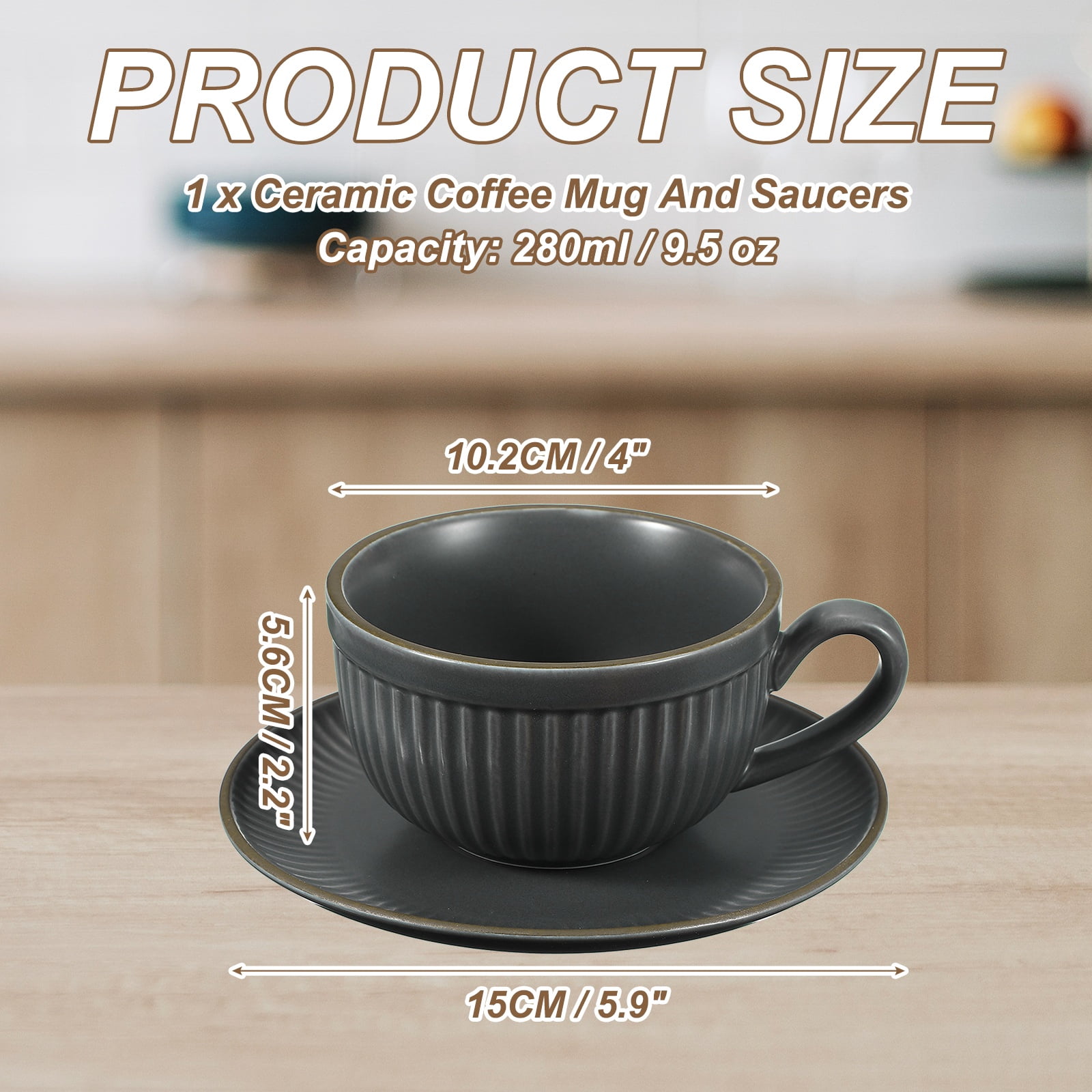 Uxcell Handmade Vintage Espresso Cups, 9.5 oz Stripe Coffee Cups and Saucers Ceramic Tea Cup with Handle Dishwasher and Microwave Safe for Latte Cappuccino Milk Office Home Gifts, Gray Blue