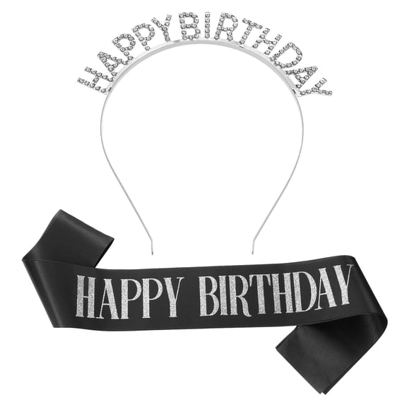 Uxcell Birthday Crown and Sash, Glitter Birthday Sash for Women Rhinestone Tiara for Party Favor Decorations Gifts, Black-Silver